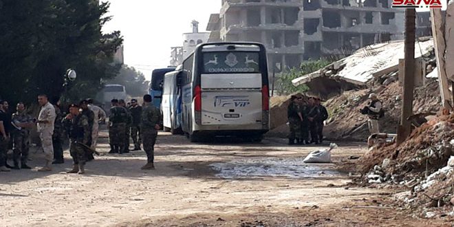 خروج 32 حافلة تقل أعداداً من الإرهابيين مع عائلاتهم من يلدا وبيت سحم وببيلا تمهيداً لنقلهم إلى الشمال السوري