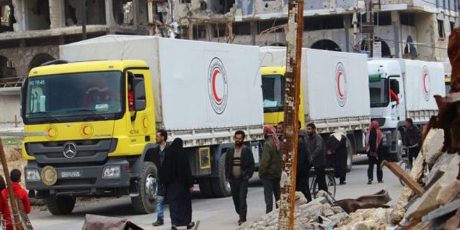 دخول قافلة مساعدات للمدنيين المحاصرين من قبل التنظيمات الإرهابية في الغوطة الشرقية