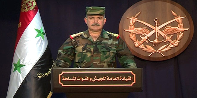 القيادة العامة للجيش: تطهير 1200 كم مربع من ريفي حمص الشمالي وحماة الجنوبي وإعادة الأمن والأمان إلى 65 بلدة وقرية
