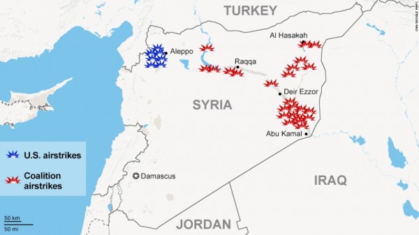 بالخارطة: مواقع الضربات الجوية لـ “التحالف” في سورية