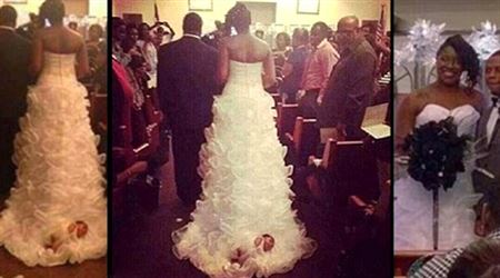 ربطت رضيعتها في ذيل فستان زفافها!