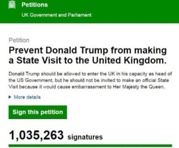 عريضة بريطانية لوقف زيارة ترامب إلى بريطانيا تحصد أكثر من مليون توقيع