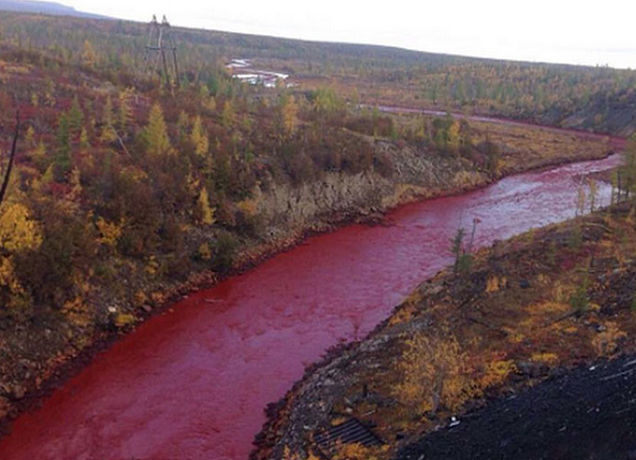 نهر يتحول إلى لون أحمر دموي في سيبيريا